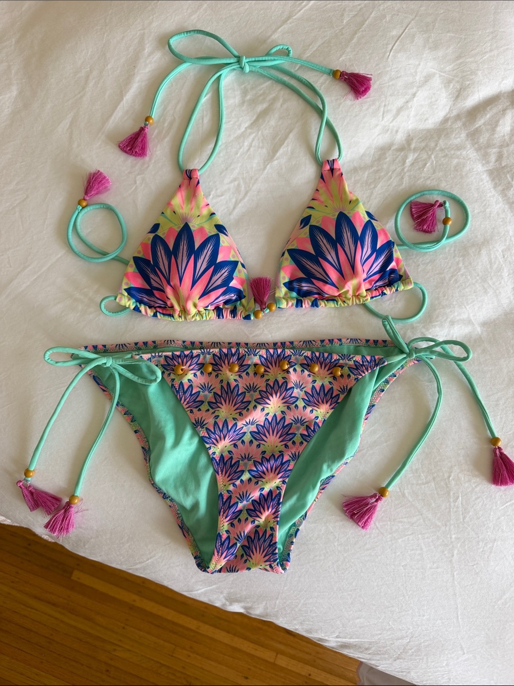 Victoria's Secret Aqua Turquoise Pink Floral Tie Bikini Set